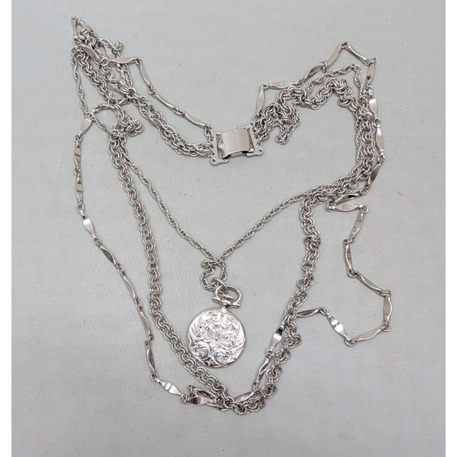 Silver Vintage 1964 Signed Napier Silvertone Victorian Pocketwatch Style Pendant Necklace For Sale - Image 8 of 8