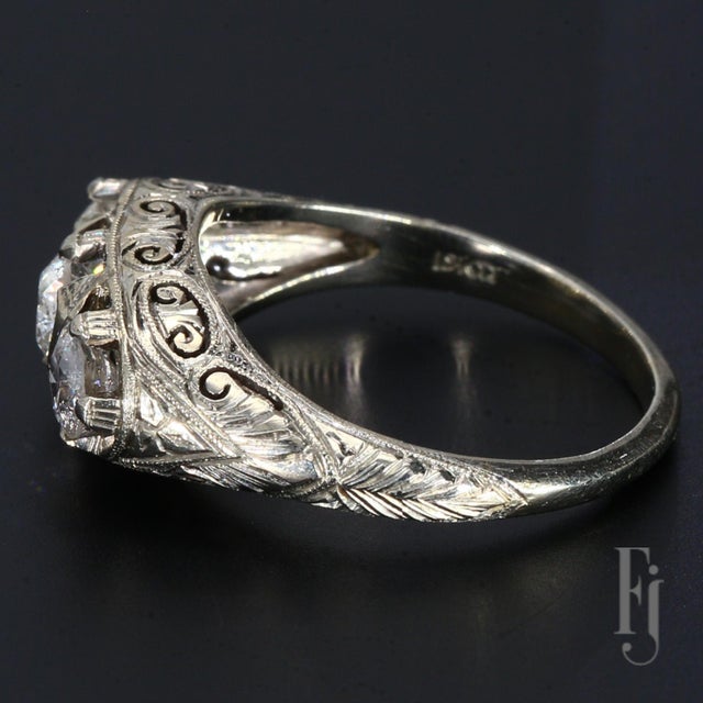 Antique 19k White Gold Three Stone Diamond Ring & Filigree Designs - Size 7.25 For Sale - Image 4 of 6