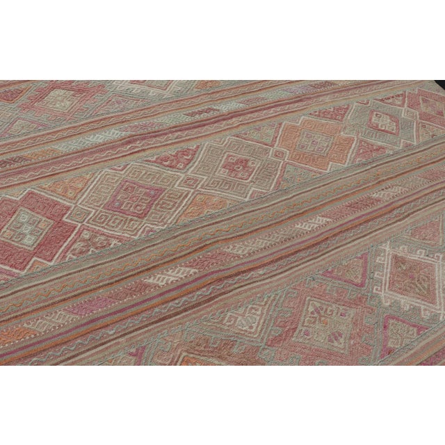 Textile Colorful Vintage Embroidered Kilim With Stripes and Alternating Geometric Motifs 6'9 X 9'3 For Sale - Image 7 of 13