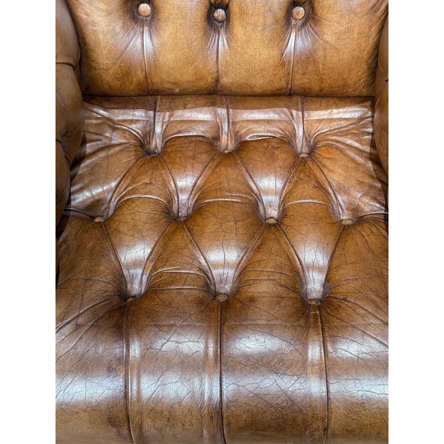 Large English Wing Back Chair of Tufted Tanned Leather With Nail-Head Trim For Sale - Image 13 of 16
