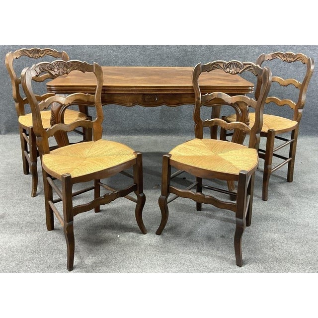 French Provincial Antique French Provincial Draw Leaf Dining Table | Parquet Oak Louis XV Farmhouse (Circa 1870) For Sale - Image 3 of 9