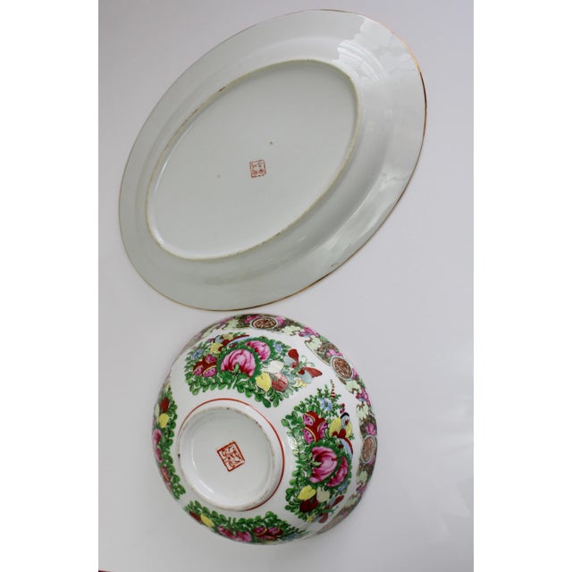 Vintage Large Chinese Famille Rose Medallions Set Salad Bowl, Oval Platter, Tea Cups & Saucers, Mini Sake/Rice Bowls Set - 19 Pieces For Sale - Image 10 of 13