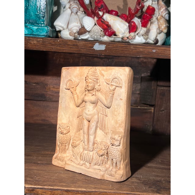 Sculpture Materials Antique Handmolded Rare Terracotta Plaque Depicting Babylonian Goddess Ishtar or Lilith For Sale - Image 7 of 9