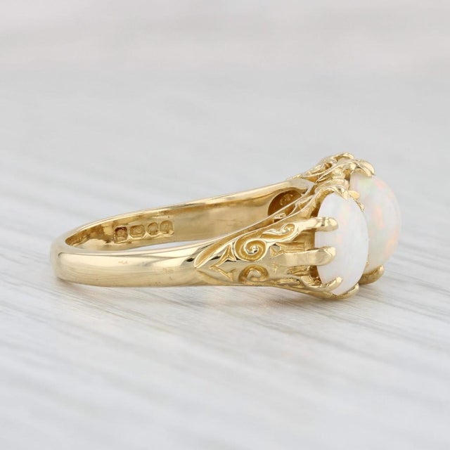 Vintage Ornate 3-Stone Opal Ring 18k Yellow Gold Size 6.75 For Sale - Image 4 of 9