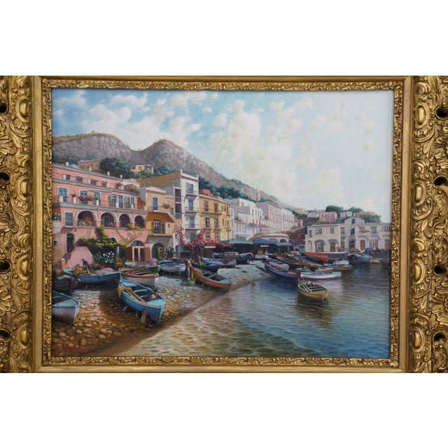 Late 20th Century Amleto Colucci Marina Grande Capri Italian Cityscape Boats Harbor Oil Painting For Sale - Image 5 of 12