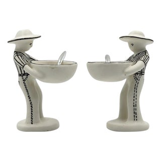 1990s Emilia Castillo "The Couple" Bisque Porcelain & Sterling Silver Salt Cellars - 4 pcs For Sale