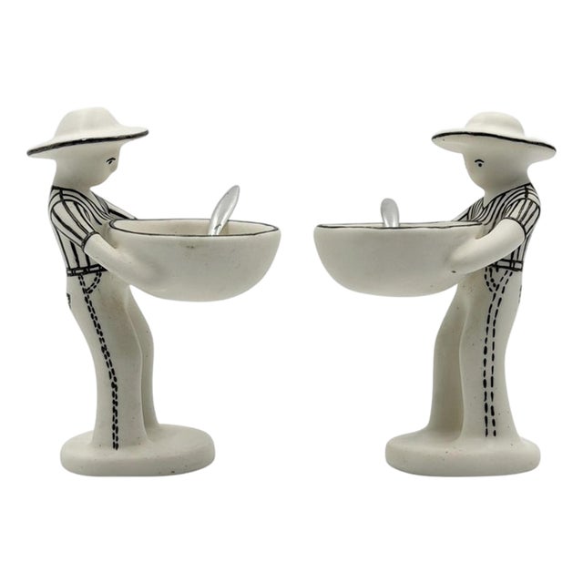 1990s Emilia Castillo "The Couple" Bisque Porcelain & Sterling Silver Salt Cellars - 4 pcs For Sale