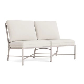 Brown Jordan Venetian Armless Loveseat, Dove frame with Fusion Natural fabric For Sale