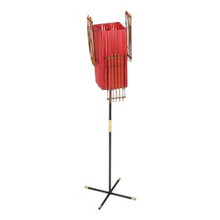 Italian Floor Lamp in Metal, Rattan, Brass and Red Acrylic attributed to Dal Vera, 1950s For Sale