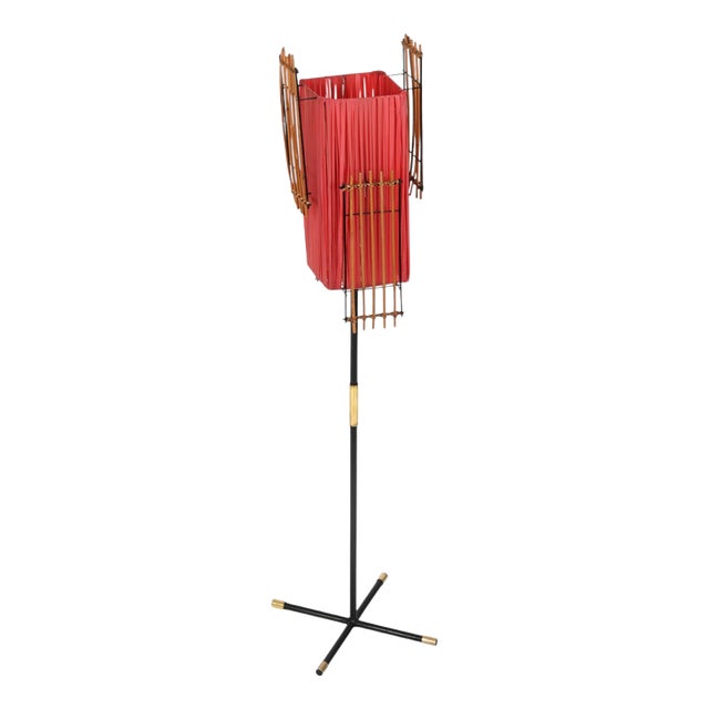 Italian Floor Lamp in Metal, Rattan, Brass and Red Acrylic attributed to Dal Vera, 1950s For Sale
