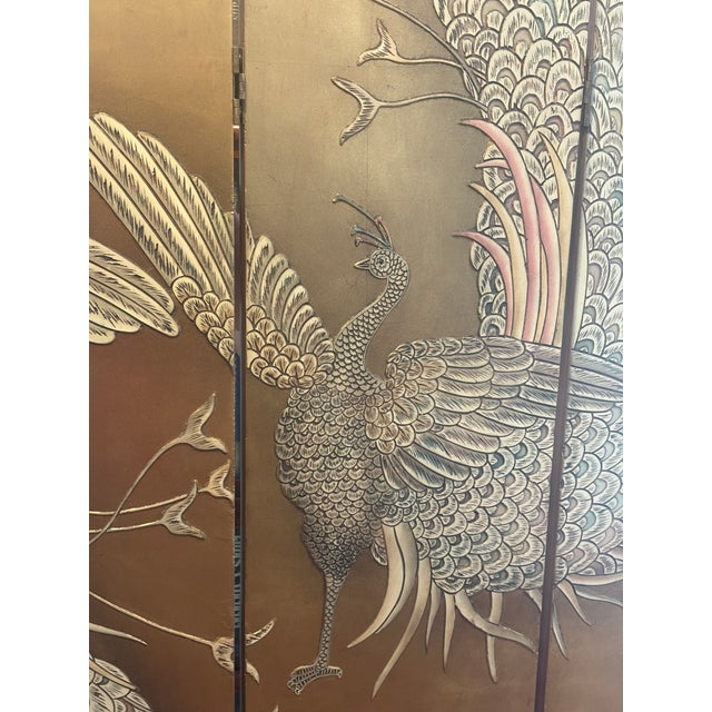 Wood Maitland Smith Folding Screen With a Gold Leaf and Peacock Design For Sale - Image 7 of 9