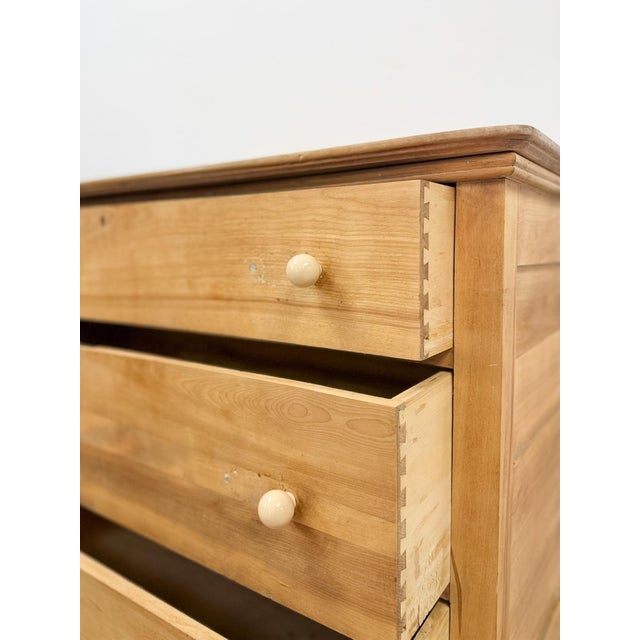 Primitive Scrubbed Pine Three Drawer Dresser Dovetail Porcelain Knobs Vintage For Sale - Image 14 of 14