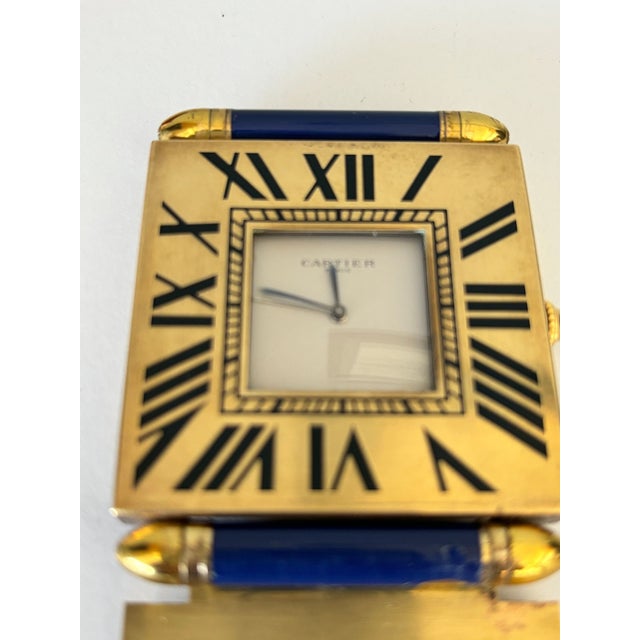 Vintage Cartier Folding Travel Desk Clock Paris Gilt-Brass and Blue Enamel 1990 For Sale - Image 15 of 18