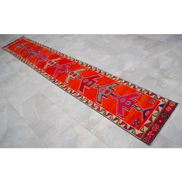 Orange Hand-Knotted Turkish Runner Rug. Bright Orange Narrow Hallway Decor Kitchen Rug - 2' X 12'4" For Sale - Image 8 of 16