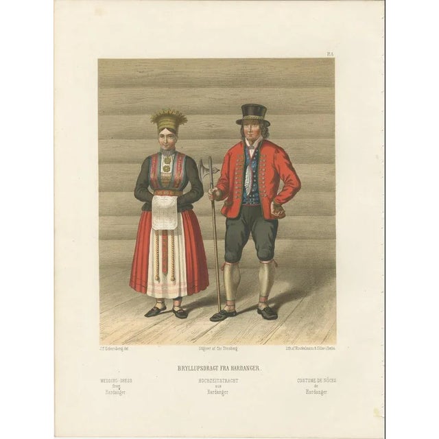 This vibrant 19th-century chromolithograph depicts a bride and groom in their traditional wedding costumes from Hardanger,...