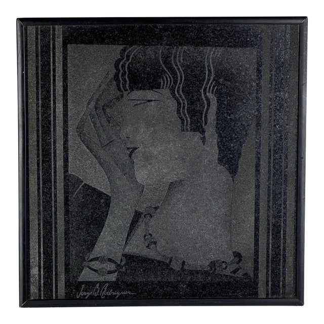 1920s Framed Art Deco Etched Art Work on Black Stone of Fashionable Woman, Signed For Sale
