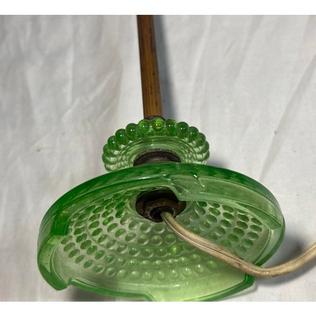 Antique Brass Green Blacklight Glowing Vaseline Glass Electric Table Lamp For Sale - Image 11 of 11