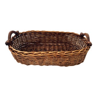 Large Wood Handled Wicker Basket For Sale
