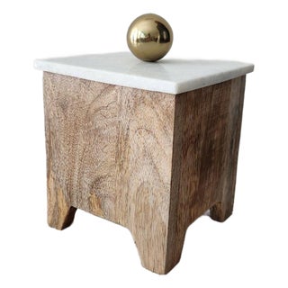 Small Wooden Box With a Marble Lid and Brass Knob For Sale