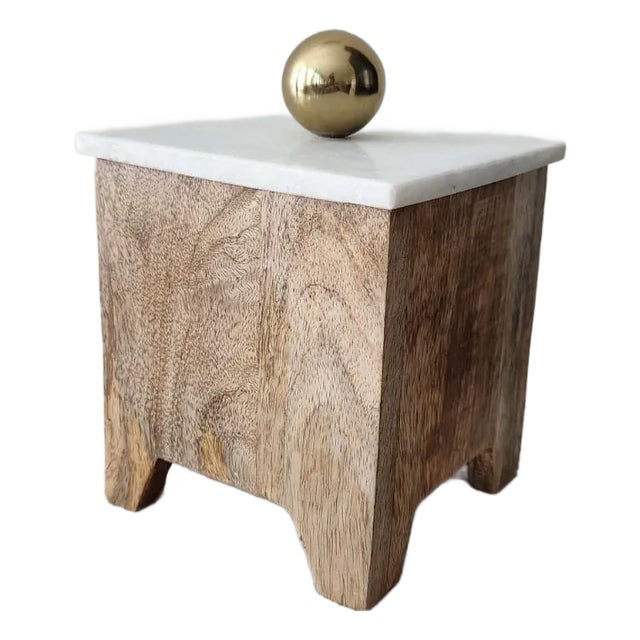 Small Wooden Box With a Marble Lid and Brass Knob For Sale