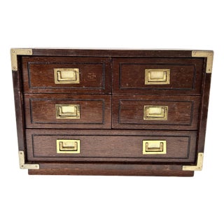 Vintage Campaign Style Mens Valet Organizer – Wood & Brass Desk Storage Box With Velvet Lined Drawers For Sale