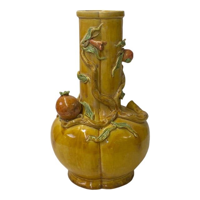 Handmade Chinese Ceramic Distressed Yellow Peach Theme Vase For Sale