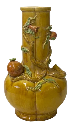 Handmade Chinese Ceramic Distressed Yellow Peach Theme Vase