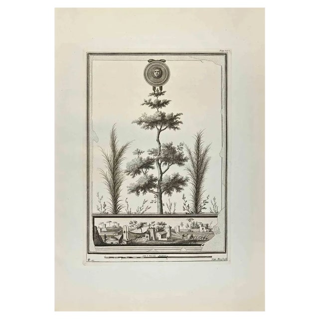 Filippo Morghen, Medusa Head and Roman Garden, Etching, 18th Century For Sale
