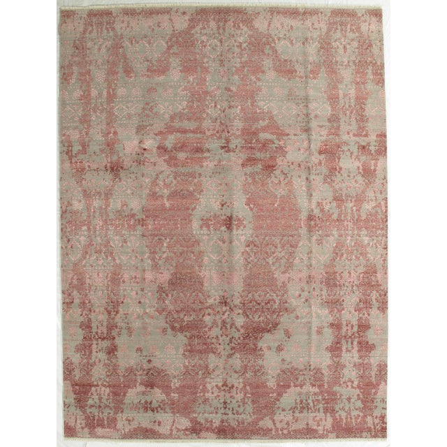 Hand-knotted Indo Persian-Style contemporary wool and silk rug with a muted gray field and soft red overdyed pattern,...