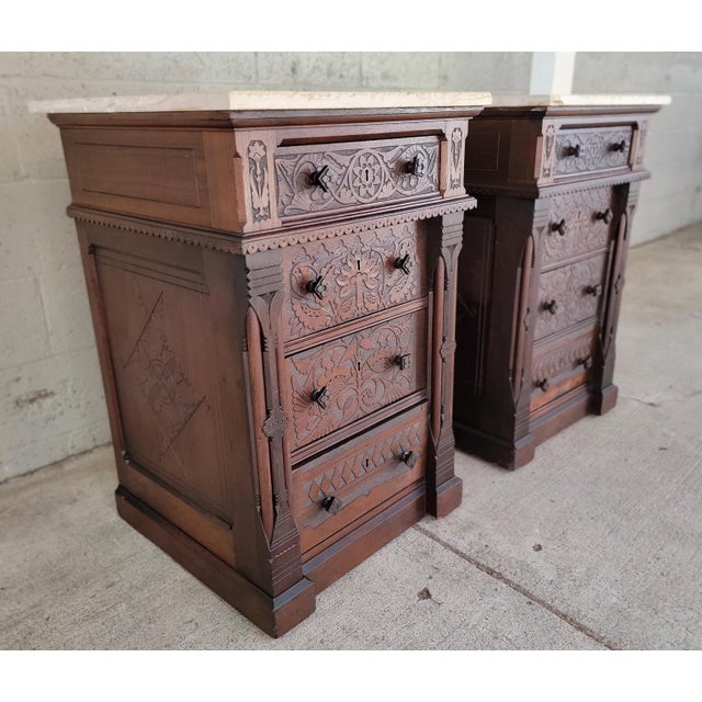 Late 19th Century Aesthetic Movement Victorian Era Carved Nightstands / Dressers Late 1800's - A Pair For Sale - Image 5 of 18