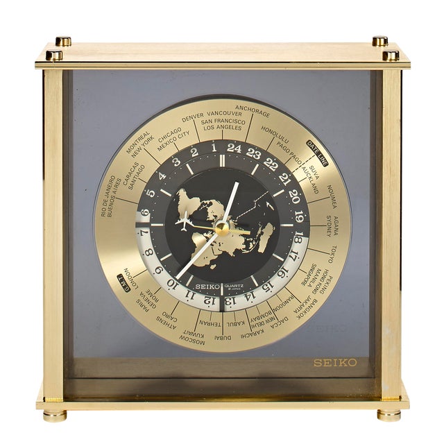 Vintage Seiko Brass World Time Clock Floating on Smoked Plexiglass