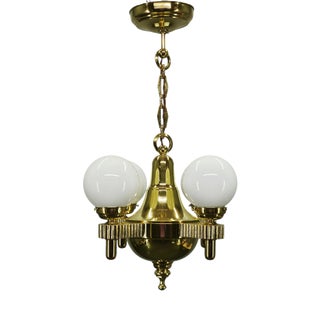 Vintage Czech Art Deco Brass and Opaline Glass Globe Pendant Light, 1920s For Sale
