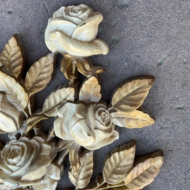 Plastic Vintage Mid 20th Century Cream Roses and Gold Leaves Wall Hanging Decor by Homco #7286 For Sale - Image 7 of 11