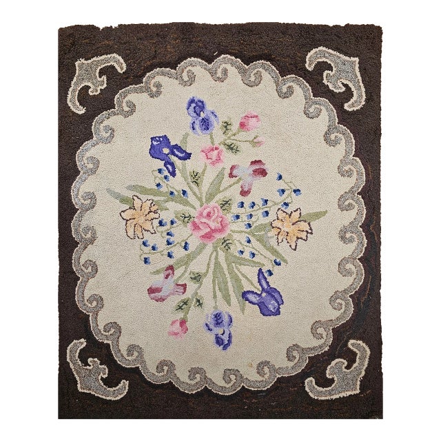 Vintage Hand Hooked Rug, Wool & Cotton, Floral Pattern, American Folk Art, 3x4 For Sale