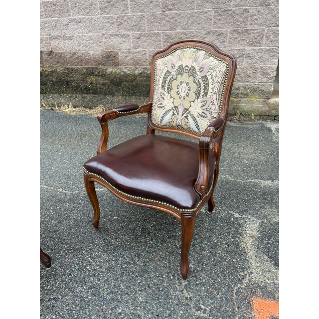 Vintage Pair of Dinning Room Arm Chairs Leather & Needlepoint Upholstery in Queen Anne Style For Sale - Image 4 of 4