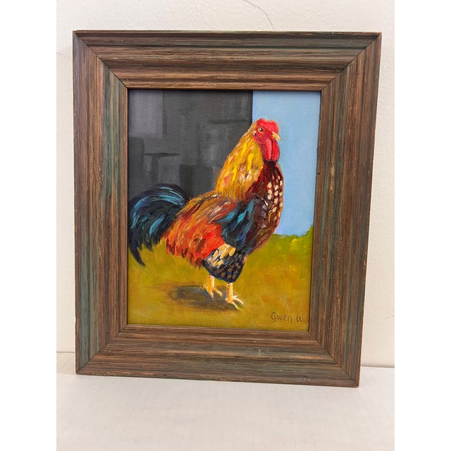1970s Vintage Folk Art Impressionist Style Painting of a Rooster in a Rustic Wooden Frame For Sale - Image 4 of 6
