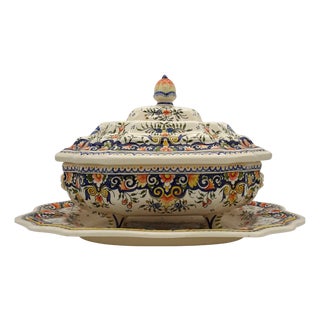 Large Vintage Hand Painted French Vieux Rouen Tureen with Charger, 1930s For Sale