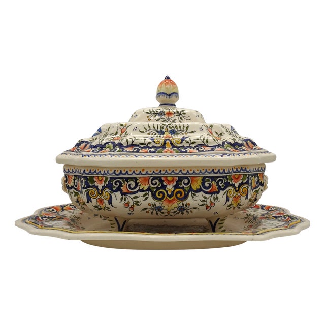 Large Vintage Hand Painted French Vieux Rouen Tureen with Charger, 1930s For Sale