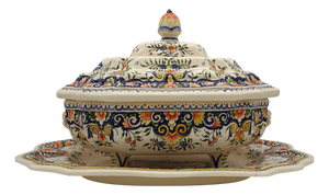 Large Vintage Hand Painted French Vieux Rouen Tureen with Charger, 1930s