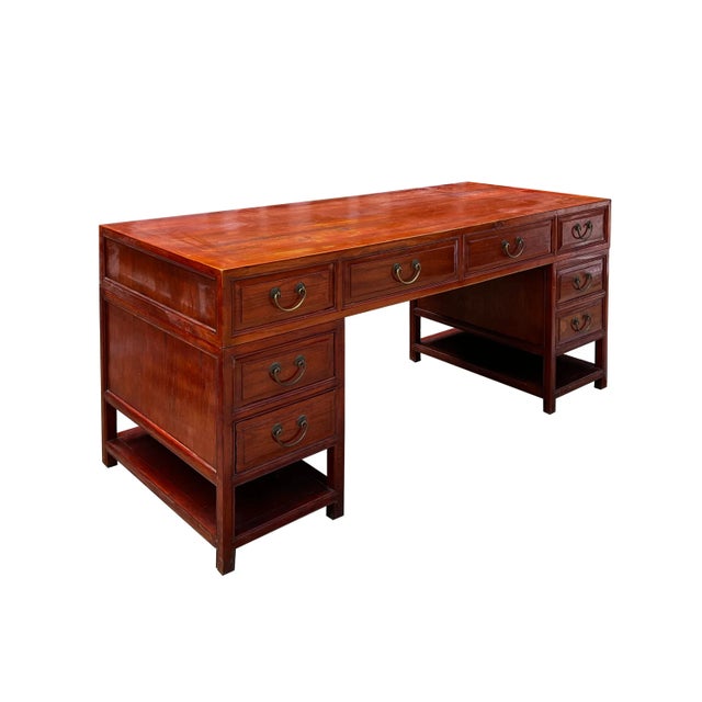 Chinese Brown Drawers Base Top Wood Editor Office Writing Desk Table For Sale - Image 4 of 9