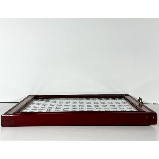 Wood Early 20th Century Chinese Blue & White Porcelain Calligraphy Plaque Rosewood Frame For Sale - Image 7 of 10