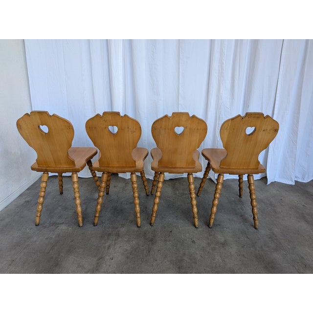 Vintage Tyrolean Farmhouse Heart Cutout Wooden Dining Chairs, 1970s, Set of 4 For Sale - Image 3 of 18