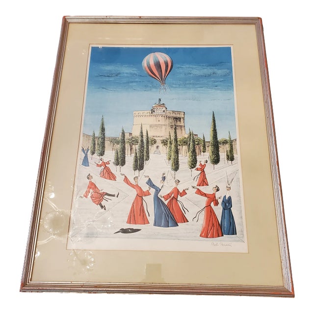 1950s Vintage Mid Century Modern Dancing Cardinals Balloon Lithograph, Framed For Sale