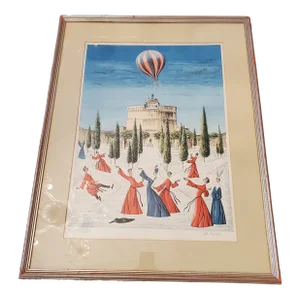 1950s Vintage Mid Century Modern Dancing Cardinals Balloon Lithograph, Framed