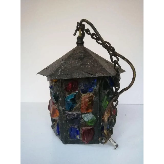 Black English Arts & Crafts Glass, Lead & Hammered Sheet Metal Porch Lantern by Peter Marsh, 1950s For Sale - Image 8 of 18