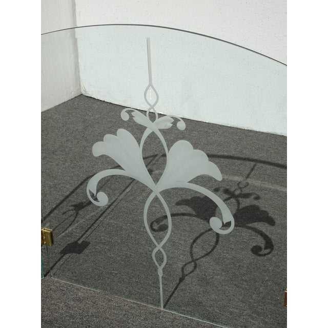 Brass Fireplace Screen With Three Panel Floral Etched Glass and Brass Hinges For Sale - Image 8 of 18