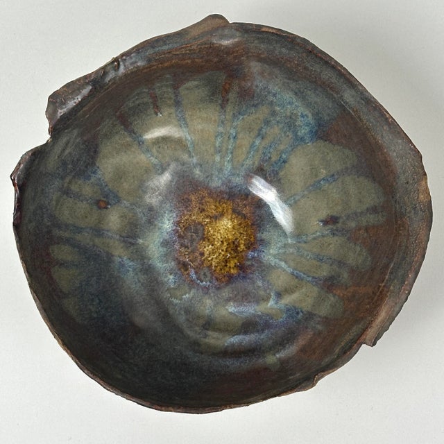 Vintage Organic Rim Drip Glazed Interior Stoneware Bowl. Bowl was formed and hardened in cloth to create a fabric effect...