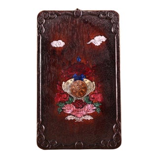 Late 20th Century Wooden Plaque With Mother-of-Pearl Auspicious Symbols Inlay For Sale