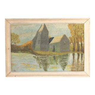 French Landscape Painting on Canvas, Barn on a River For Sale