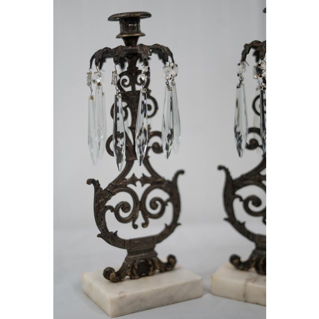 1950s Hollywood Regency Bronze and Crystal Candelabra Pair on Marble Base. For Sale In Seattle - Image 6 of 8